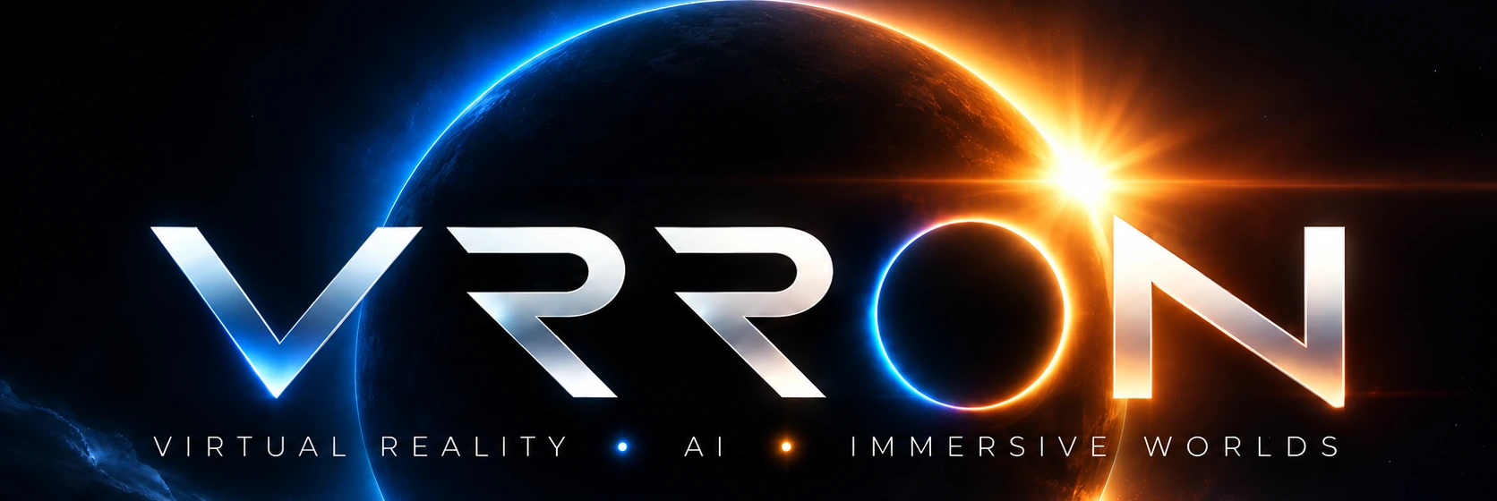 VRRON — Virtual Reality, AI, Immersive Worlds: silver logo over blue and gold solar eclipse